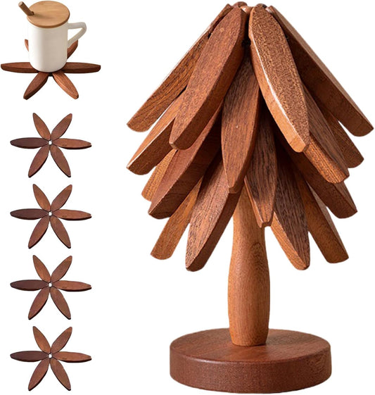 🔥Christmas Early Discount 49% Off✨Natural Tree Trivet Set - 4 Wooden Trivets & 1 Stand Like a Christmas Tree🎄